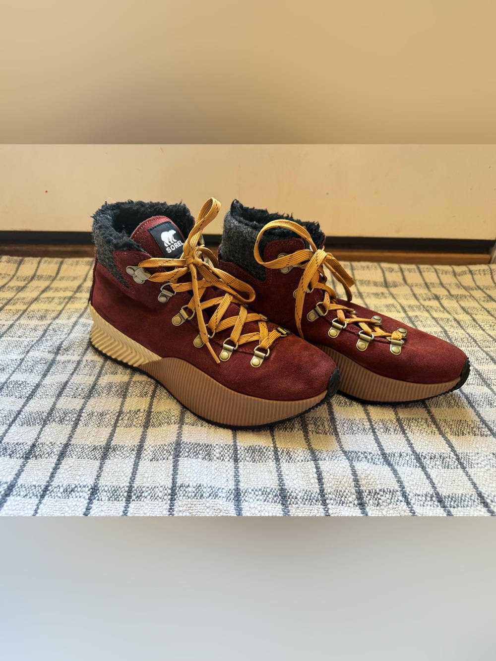 Sorel Women's Burgundy Suede Lace-Up Out N About Winter Boot with Mustard Laces